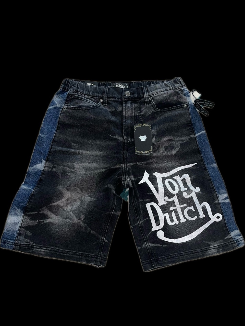 Von Dutch Black and Blue Denim Shorts with White Logo